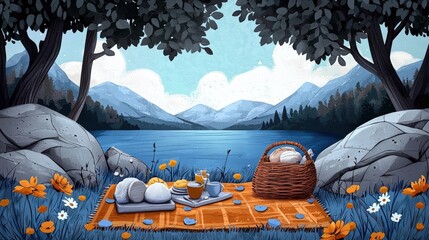 Serene Lakeside Picnic with Basket and Blanket Surrounded by Mountains and Flowers