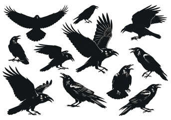 Obraz premium Collection of silhouette raven birds in various poses