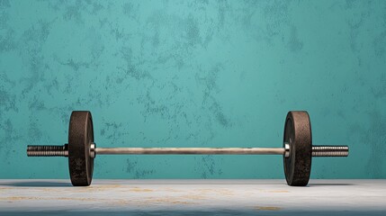 Barbell with weight plates on a textured surface against a blue wall background