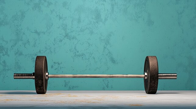 Barbell with weight plates on a textured surface against a blue wall background