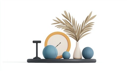 Modern Decorative Arrangement with Clock, Plant, and Geometric Shapes on Minimalist Base