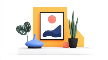 Modern Still Life with Abstract Art, Indoor Plants and Colorful Vases on Minimalist Shelf