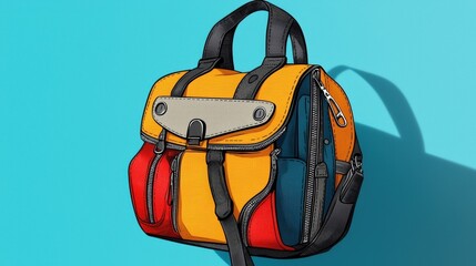 Colorful Stylish Backpack with Multiple Zippers and Handles on a Bright Blue Background