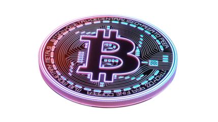 colorful bitcoin coin with neon glow, digital cryptocurrency symbol isolated on white