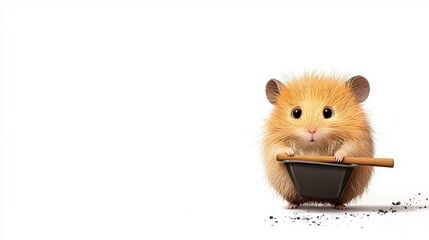 Cute fluffy hamster holding a small black bucket and wooden stick with dirt backdrop
