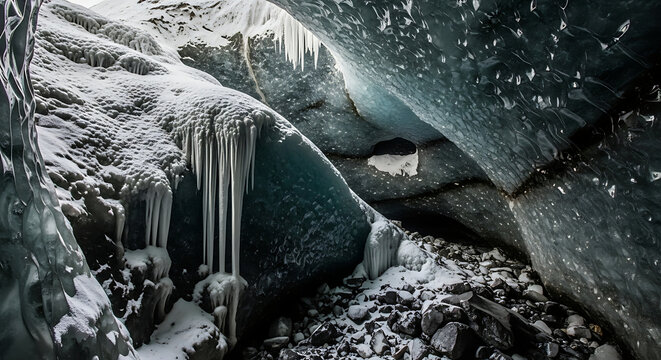Icy cavern interior with snow covered rocks and hanging icicles in a cold winter landscape ai generated