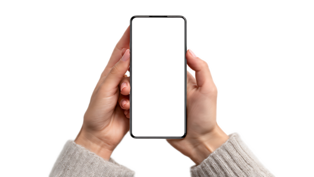 Hands holding a smartphone with a blank white screen against a black background in portrait mode