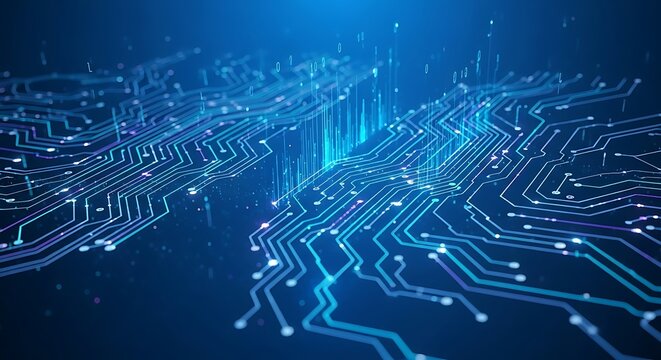 Futuristic Circuit Board Design with Glowing Connections and Data Flow.