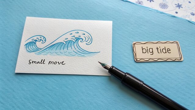 Ink drawing of a wave and pen on blue surface