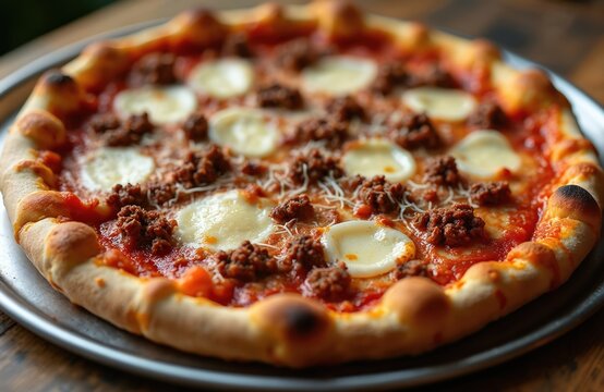 Close-up of a baked pizza with rich tomato sauce, melted mozzarella, and savory ground beef topping. Golden crust, delicious Italian food for any meal. Hot, fresh, and ready to eat.
