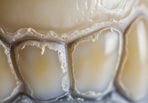 Macro shot of acid erosion on enamel, showing a translucent and thin appearance.