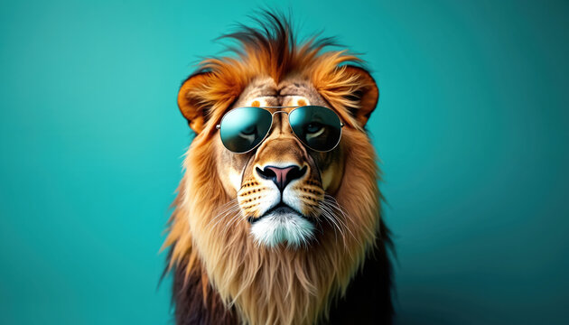 Male lion wears aviator sunglasses against teal backdrop. Majestic feline displays cool, confident demeanor. Captures fun, bold, or wild themes with vibrant energy. Perfect for creative projects.
