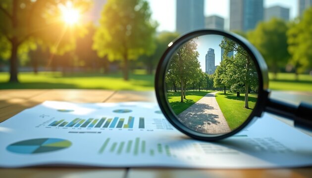 Magnifying glass over business charts with green park view inside lens. Concept of analysis perspective. Urban green tech city landscape future opportunity idea.