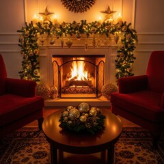 Cozy fireplace with red armchairs and festive decorations