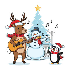 Christmas Carol Concert: Animated figures of a reindeer, a snowman, and a penguin combine their musical talents in a holiday carol concert. Celebrating festive spirit and harmonious musicality.