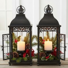 Elegant black lanterns adorned with festive holiday greenery and candles