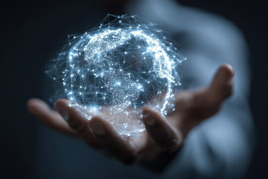 Man holds a glowing globe symbolizing global cybersecurity in a dark environment, emphasizing the importance of digital protection and connection in the modern world