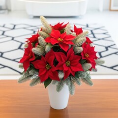 Vibrant red poinsettia arrangement with evergreen accents