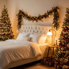 Cozy bedroom decorated for christmas with twinkling trees and garland