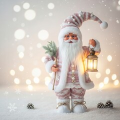 Festive santa claus figure holding a lantern and pine sprig