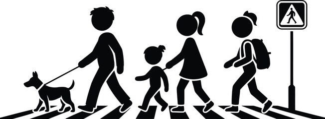 Black and White of Family and Dog Walking on Zebra Crossing