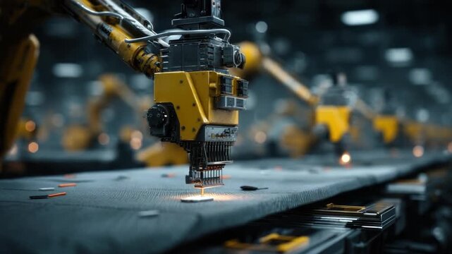 Robotic arm in a factory environment, spotlight on a machine working on a surface