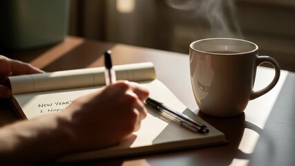 Contemplative New Year s Resolution Planning Session with Coffee, Personal Reflections on 2026 Hopes and Dreams - Powered by Adobe