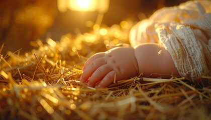 Tiny Hand in the Hay: A close-up shot captures the delicate hand of a newborn resting gently on a bed of golden hay, illuminated by a warm, ethereal light.