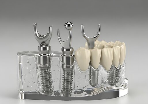 A model displaying an implant-supported overdenture attachment, showcasing the connection system between dental implants and removable prosthetic teeth.