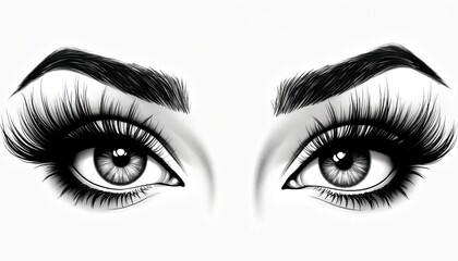 Fototapeta premium Woman eyes with long eyelashes and thick eyebrows. Female face closeup with eye makeup. Beauty concept with grey eyes. Cosmetic design for fashion and allure. Visual illustration of a lady gaze.