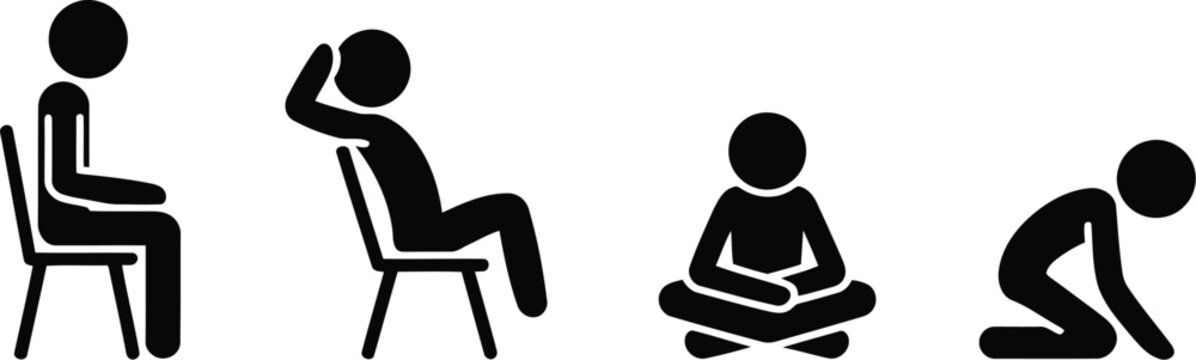 Black Stick Figure Sequence Sitting, Reclining, Meditating, and Kneeling on a White Background
