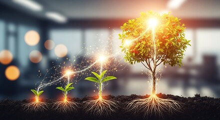 Growth Stages - From Seedling to Mature Tree with Glowing Energy.