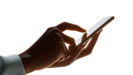 A person using a smartphone with their fingers touching the screen against a black background
