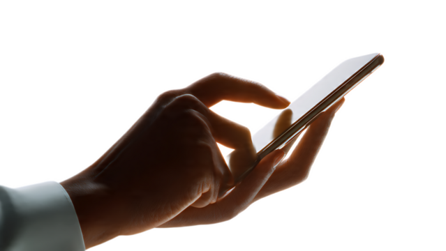 A person using a smartphone with their fingers touching the screen against a black background