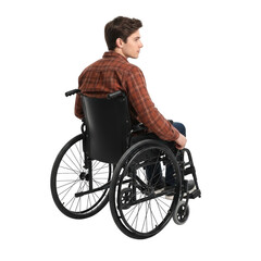 Young man in wheelchair looking to the side isolated on transparent background