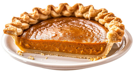 pumpkin pie slice on white plate closeup, homemade thanksgiving dessert traditional sweet