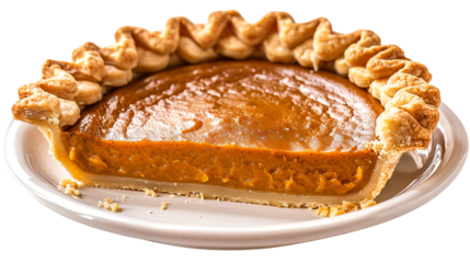 pumpkin pie slice on white plate closeup, homemade thanksgiving dessert traditional sweet