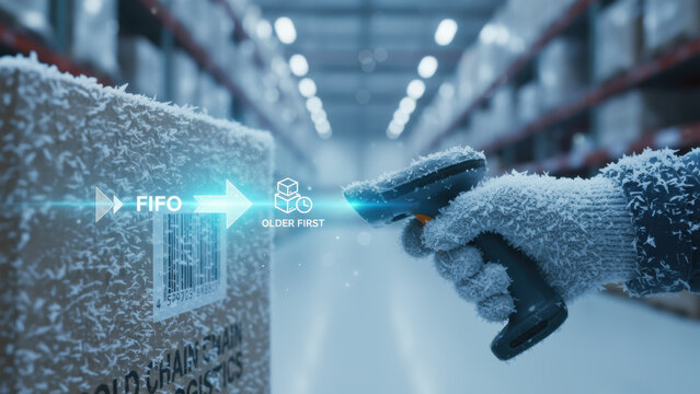 Cold chain logistics warehouse logistic temperature control FIFO older first scanning frozen glove