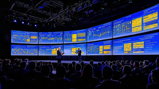 Executives Presenting Financial Data and Strategy to a Large Audience in a Modern Auditorium with Immersive Curved Screen Display