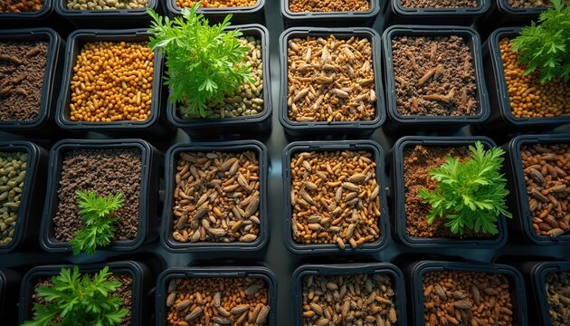 Illustration of insect farming with various containers. Crickets and mealworms are cultivated. This farm is an example of sustainable food production. Eco friendly and innovative method for protein.