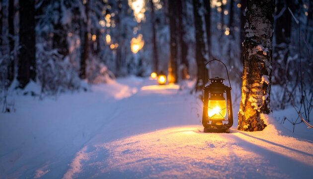 Winter evening path lit by lanterns in a snowy forest