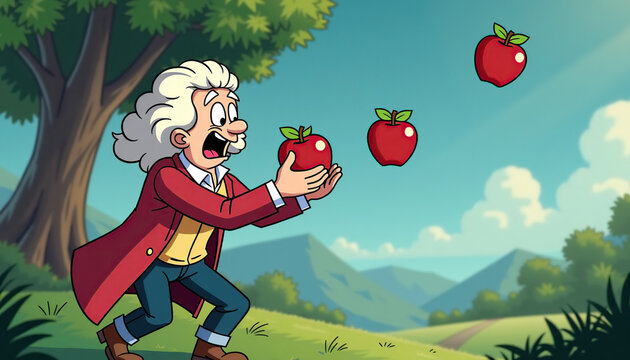 A cartoon scientist who looks like Isaac Newton is juggling apples on a green background with an excited expression on his face