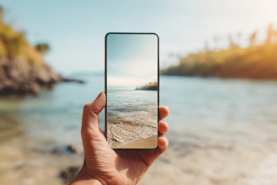 Holding a smartphone by the beach captures the beauty of nature and social media connection at sunrise or sunset
