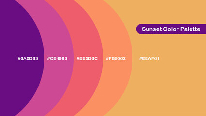 Sunset color palette with warm tones of purple, coral, orange, and gold, perfect for branding, fashion, packaging, seasonal themes, and dreamy visual design.