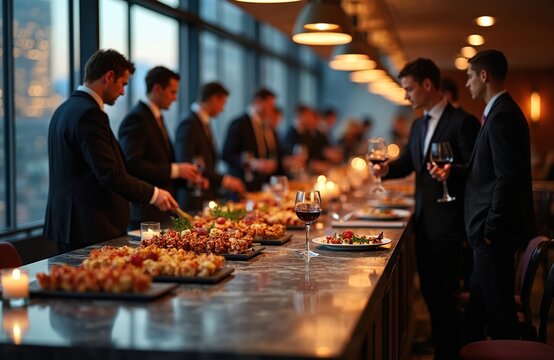 Men in formal suits dine buffet style at a corporate event. Attendees eat appetizers and drink wine while socializing indoors. Business professionals gather at a networking reception with city views.