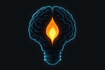 Innovative brain concept visualized as a light bulb with an inner flame illuminating creativity and cognitive potential in a dark background setting captured with clarity