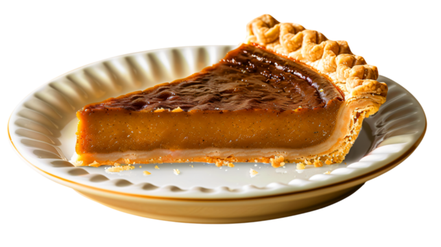 slice of pumpkin pie on ceramic plate, homemade thanksgiving dessert closeup view