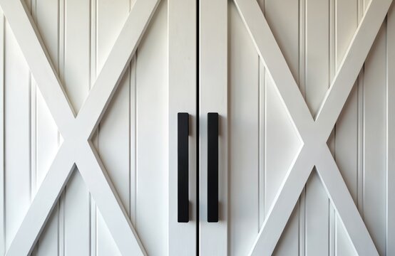White painted barn doors with black handles. Simple wood paneling and X-brace design create a rustic yet modern look. Perfect for interior home or office spaces seeking a clean aesthetic.