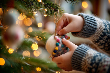 child decorating christmas tree