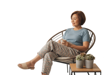 Relaxed Asian woman enjoys quiet moment with coffee, on transparent background